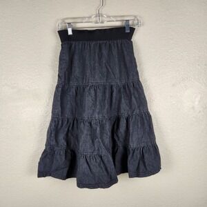 Vintage‎ Baby O Denim Midi Skirt L Tiered Ruffle Boho Cotton Y2K USA Made 26.5"